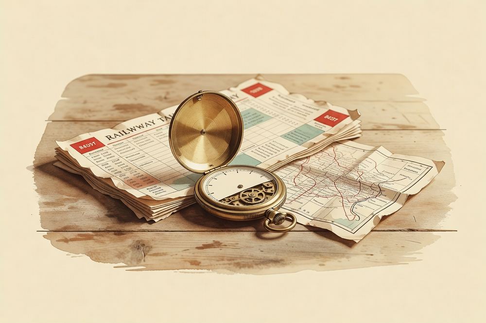 A brass pocket watch open beside a railway timetable and a folded map