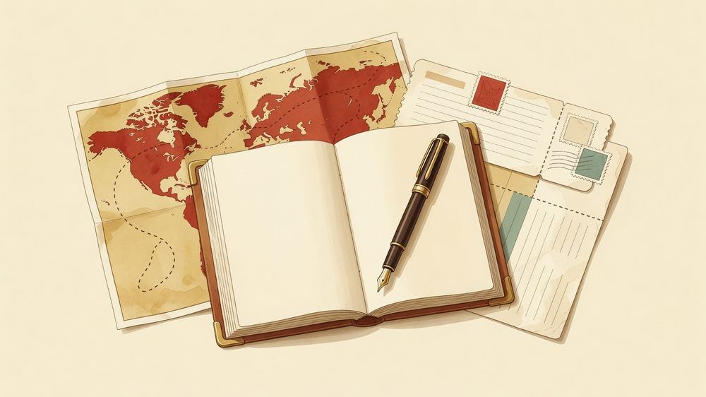 An open journal, a fountain pen, a folded map and a boarding pass on a desk