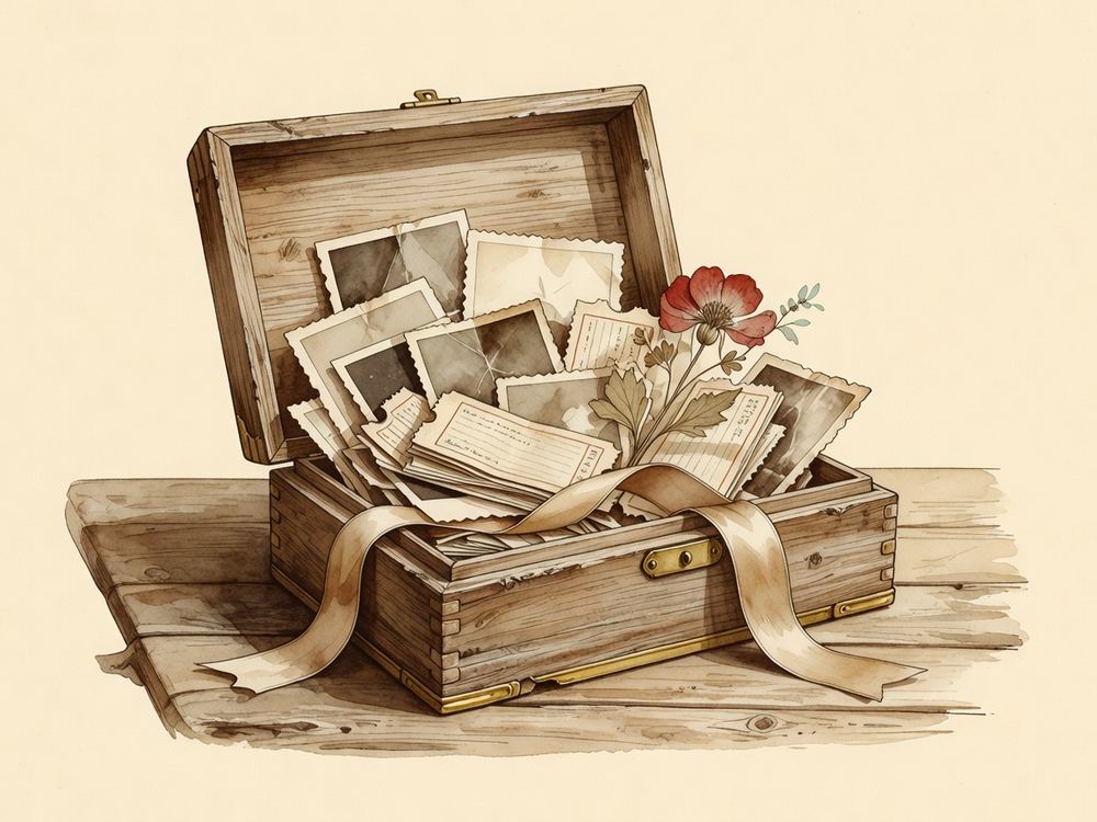 An open wooden keepsake box holding photographs, tickets and a ribbon