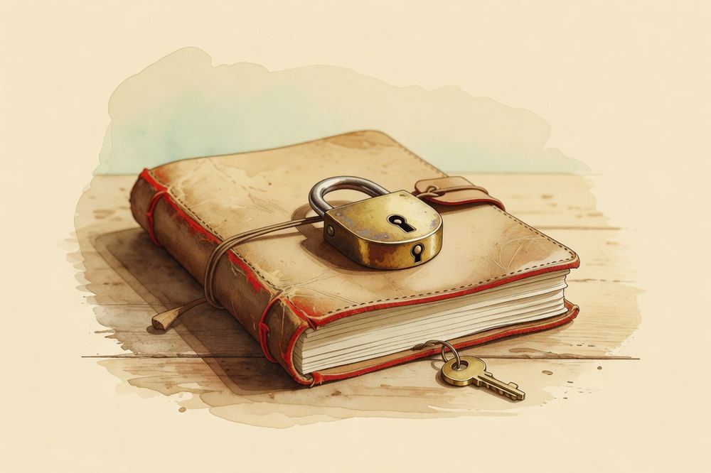 A small brass padlock resting on a closed leather journal
