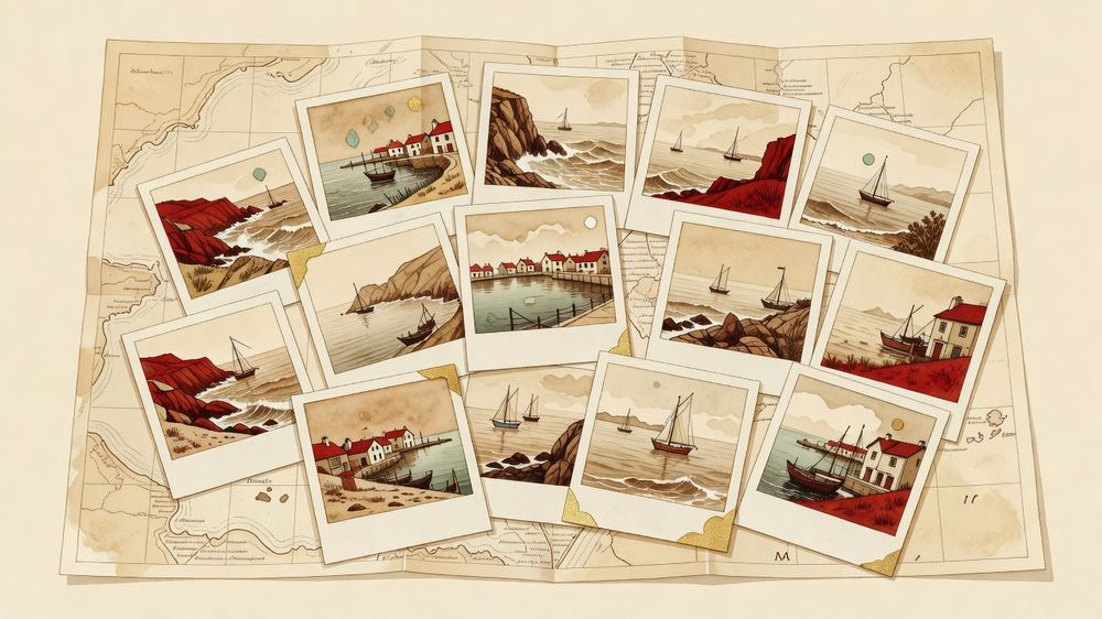 Instant photographs scattered across a folded paper map