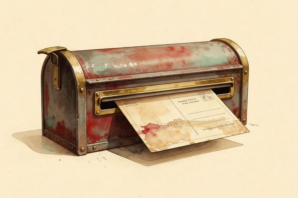 A postcard being posted into a cast-iron street mailbox
