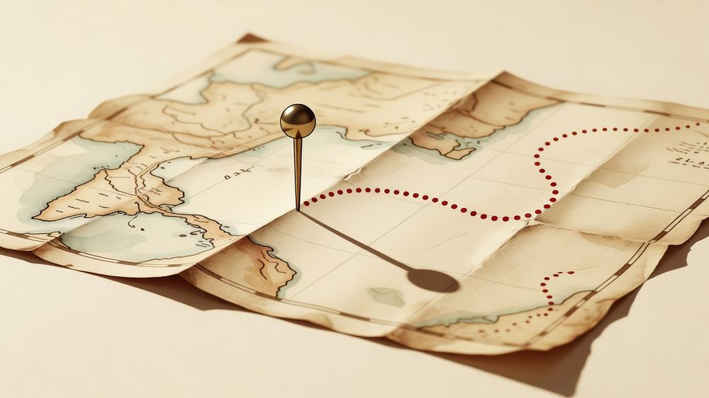 A brass map pin standing on an old folded map with a dotted route curving away