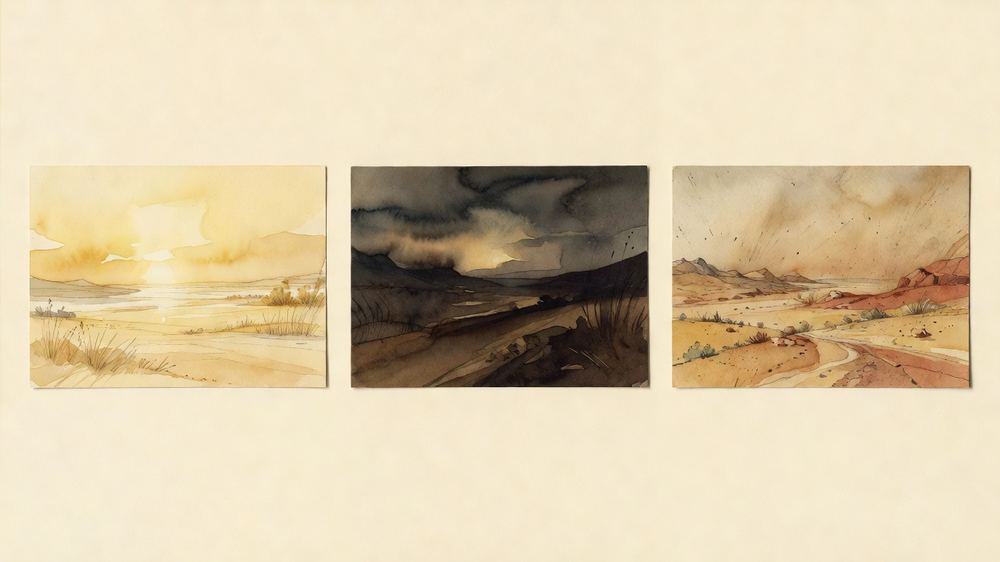 Three blank postcards side by side, each painted in a different mood