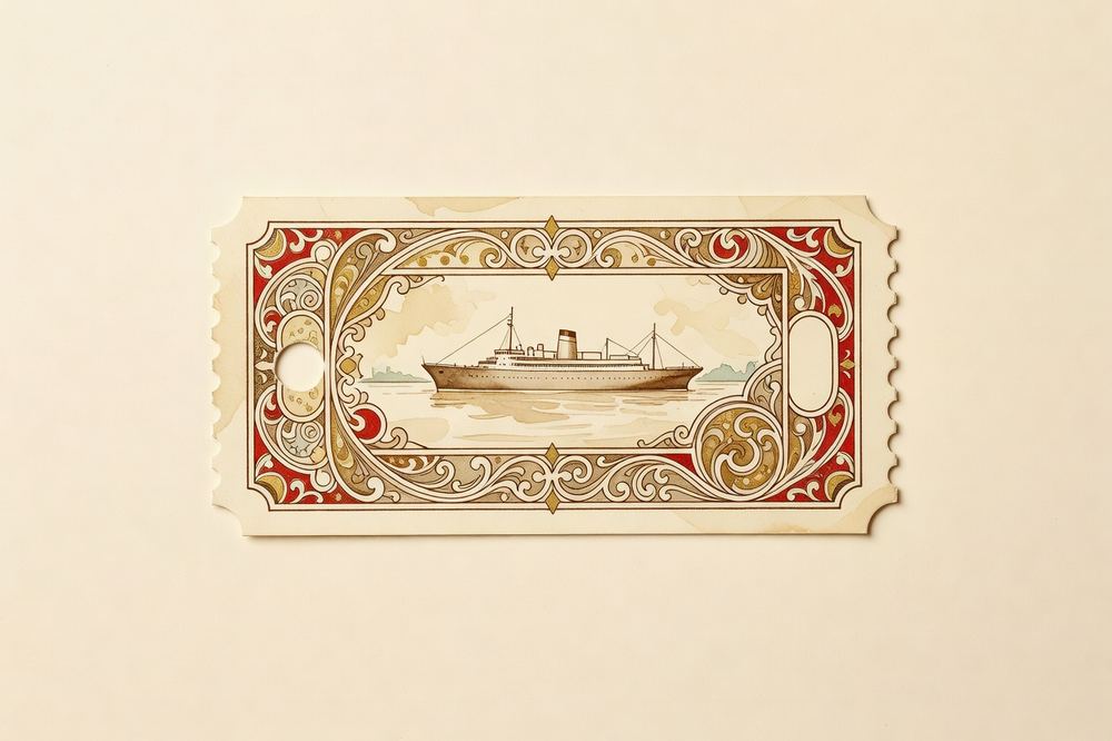 An ornate vintage steamship ticket with a punched hole