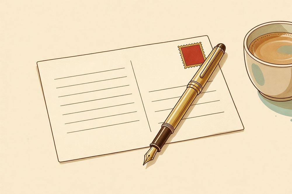 A postcard with a fountain pen resting across it and a cup of coffee