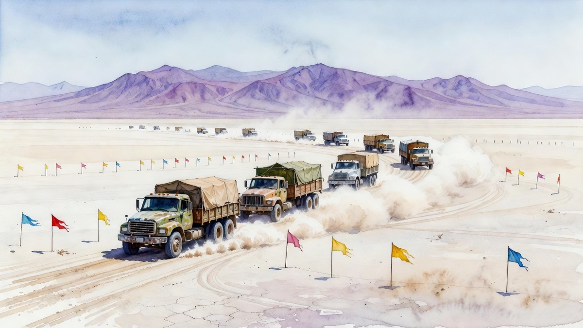 Watercolour of a convoy driving onto the Black Rock playa