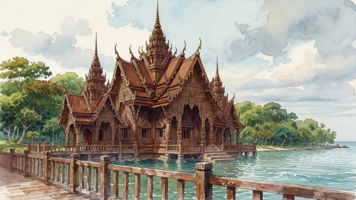 Watercolour of the Sanctuary of Truth on the Gulf of Thailand